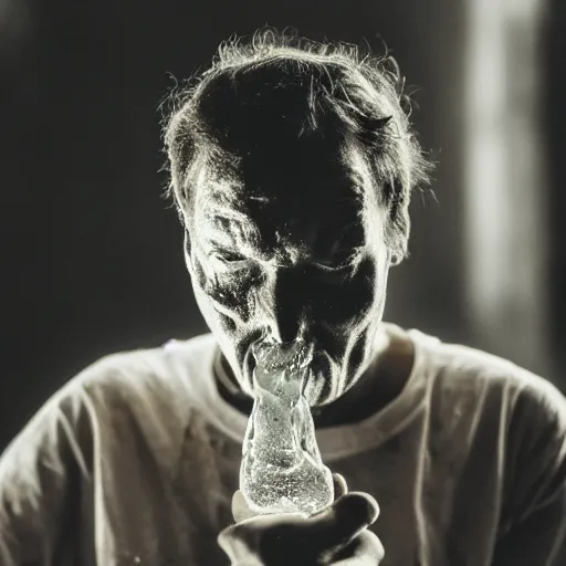 Prompt: a person drinking concentrated sulphuric acid, portrait photograph