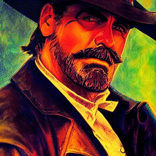 Image similar to black light poster of george clooney as wyatt earp, high detail