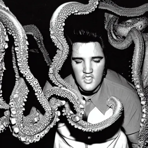 Prompt: photograph of elvis meeting octopus aliens from another world, in alien spaceship