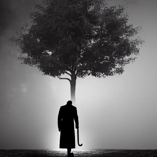 Prompt: black and white picture of a single gentleman holding an umbrella close to a tree, fog, everything completly out of focus, backlight, realistic abstract picture, mist, mysterious