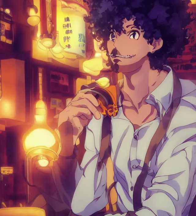 Image similar to close - up anime still of ( ( charming!!!!! latino middle - aged anime protagonist with curly afro and moustache!!! tilting his head charmingly ) late night in an anime bar, cozy lights, detailed orange atmosphere. cinematic rim lighting, global illumination, trending on artstation, hypdertailed, perfect shading, dreamy, masterpiece