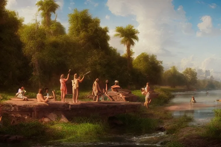 Prompt: shooting a music video on a riverbank, four people are wading in the water, intricate, highly detailed, cinematic, time lapse, uhd 8k, concept artwork by Thomas Cole and Tim Hildebrandt