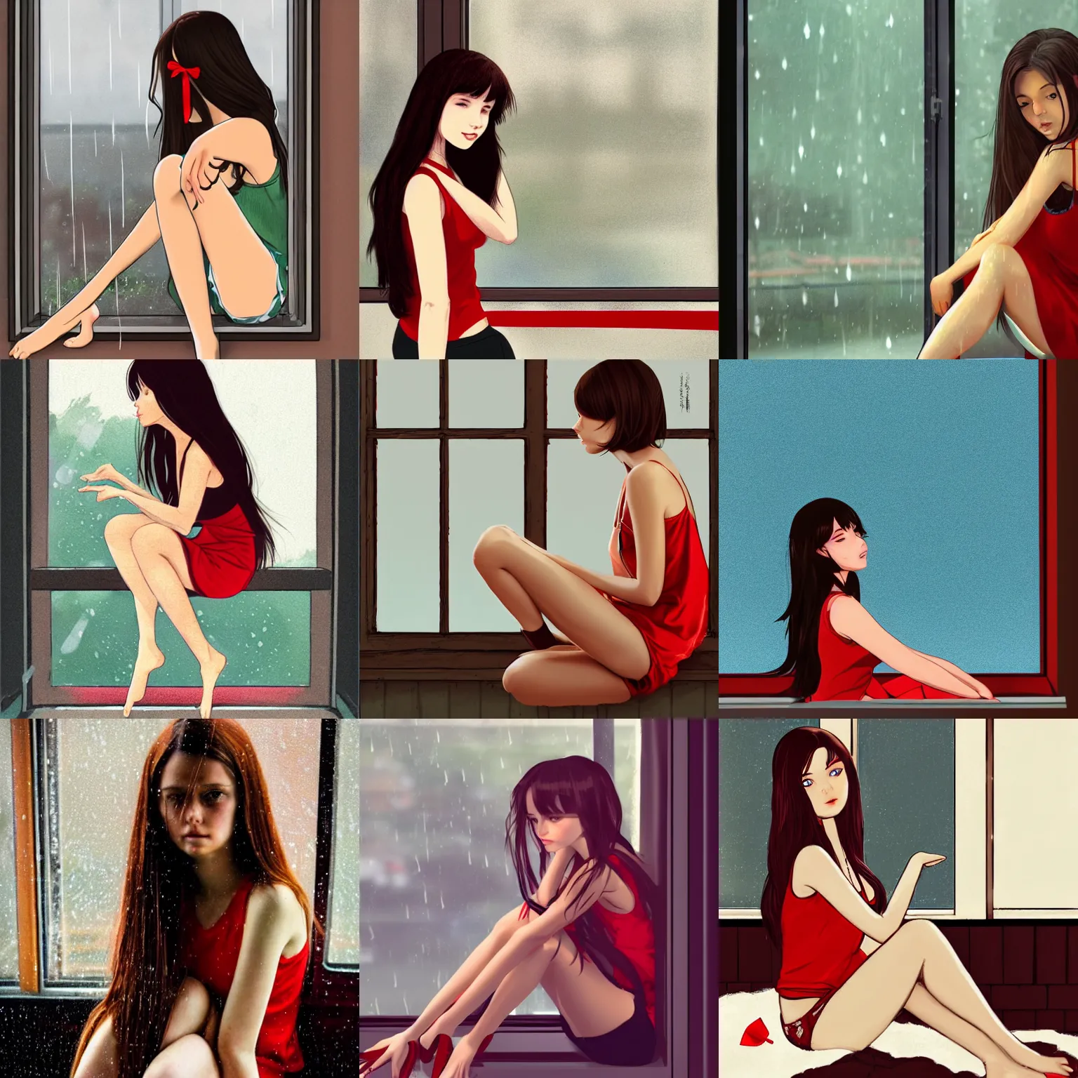 Prompt: sexy girl with long brown hair and a red ribbon in her long brown hair, wearing a low cut tanktop, sitting down while leaning against the window, rainy background in the window, in the style of ilya kuvshinov