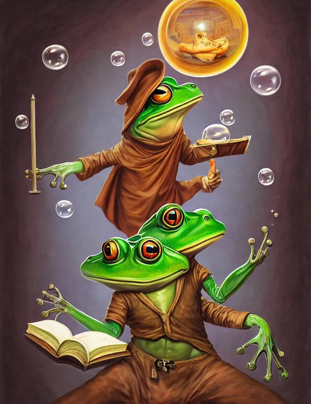 Prompt: anthropomorphic bipedal frog that is dressed as a medieval librarian, while holding a giant book, as a matte oil painting and d & d character art, by alex grey, standing, fullbody, floating bubbles, stacks, pages, bright, concept art, award - winning, extremely detailed, sharp focus