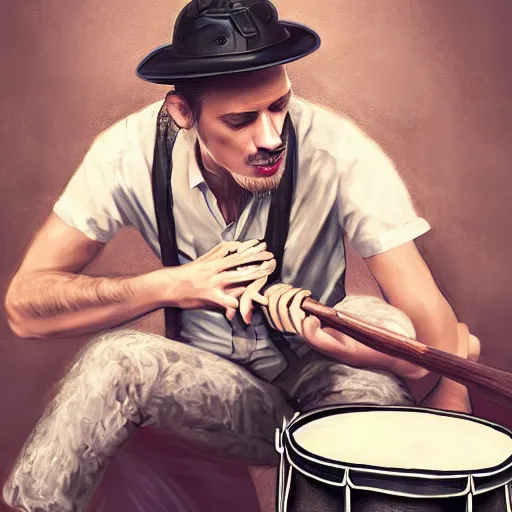 Prompt: 1940's musician playing drums, drumkit, photorealistic art, hd, 8k, intricate details, high definition