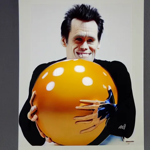 Image similar to a bowling ball carrier with a print of spherical jim carrey