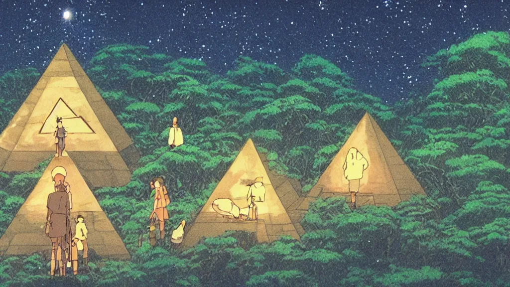 Image similar to a movie still from a studio ghibli film showing a glowing pyramid in the rainforest. a group of giant wizards meditate outside on a misty and starry night. by studio ghibli