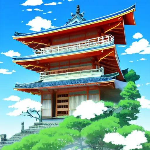 Image similar to a Japanese house and a blue sky with clouds in anime style, in the style of Lampbo Chun on ArtStation and Son Rice on ArtStation, 4k,