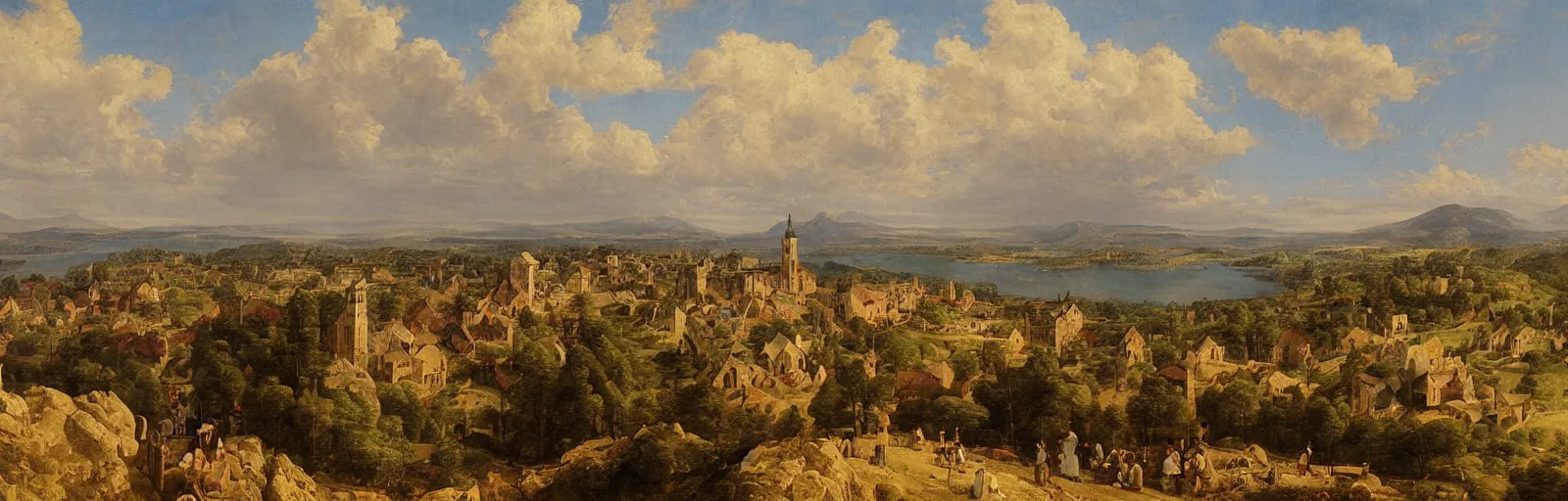 Image similar to a painting of a medieval town on top of a mountain, a matte painting by Charles Cundall,hudson river school,flemish school, matte painting, rococo, detailed painting