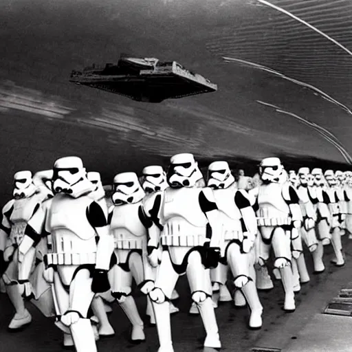 Image similar to stormtrooper army going inside star destroyer ship, long camera shot, ww2