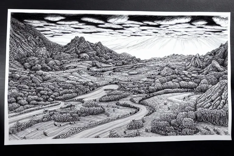 Image similar to insanely detailed landscape, ballpoint pen art