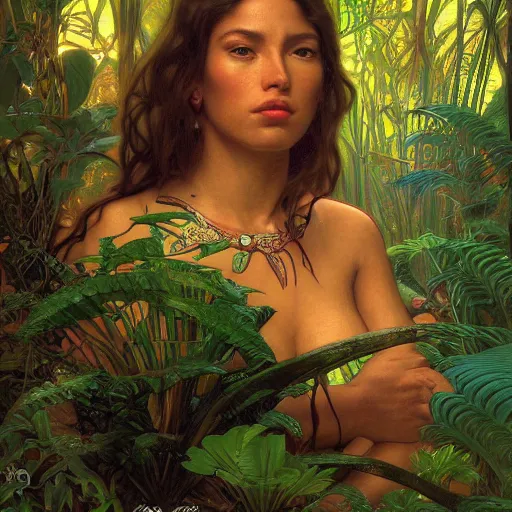 Image similar to portrait of a beautiful alluring female aztec queen in a dense jungle at sunset, detailed, centered, digital painting, artstation, concept art, donato giancola, Dante Gabriel Rossetti, alphonse mucha, Joseph Farquharson, Joseph Christian Leyendecker, WLOP, Boris Vallejo, Breathtaking, 8k resolution, extremely detailed, beautiful, establishing shot, artistic, hyperrealistic, beautiful face, octane render