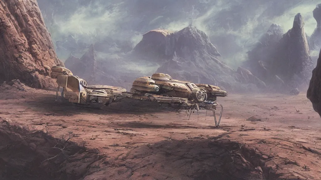 Image similar to small organic dropship lander by john schoenherr and jim burns, epic cinematic matte painting