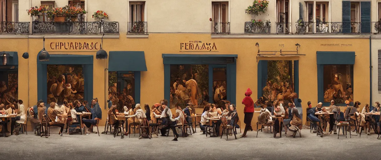 Prompt: accidentally wes anderson award - winning photograph of chuppacabras outside paris restaurant, accidental renaissance, golden ratio, fibonacci composition, 4 k, detailed, art by greg rutkowsky, trending on artstation, cinematic lighting, filmic grain, golden hour, detailed, 4 k