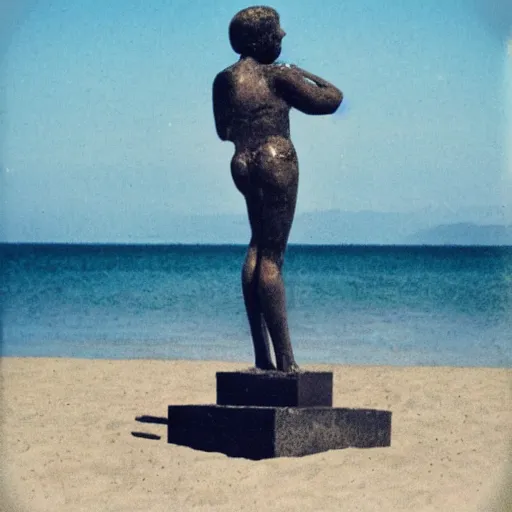 Prompt: Polaroid of a sculpture at the beach