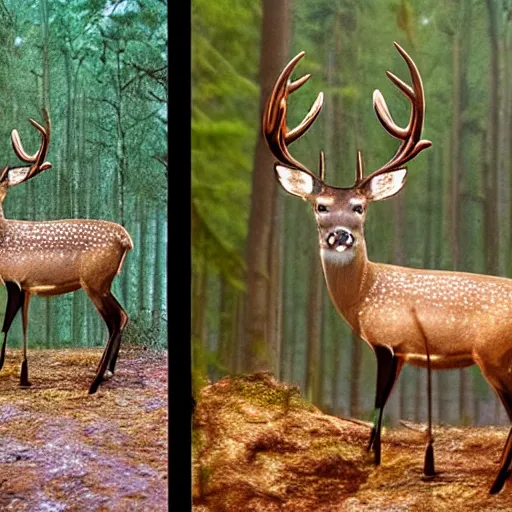 Prompt: trail camera footage of a deformed deer in forest, old photo, night, realistic n - 9