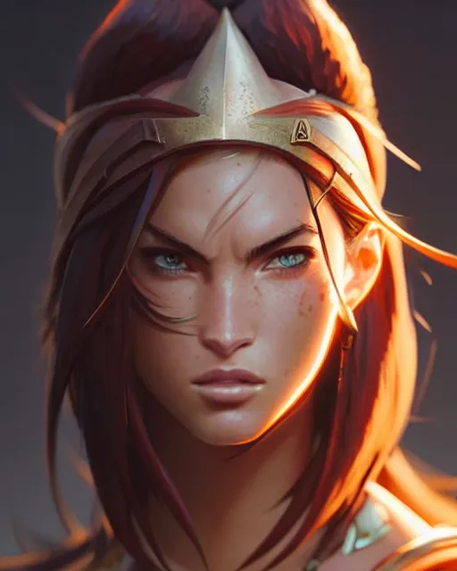 Image similar to azctec warrior, megan fox, detailed perfect face, exquisite details, fire magic, mid view, design on a white background, by studio muti, greg rutkowski makoto shinkai takashi takeuchi studio ghibli