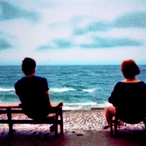 Prompt: 3 5 mm film photo of a man and a woman sitting with the sea behind them, hyperrealistic