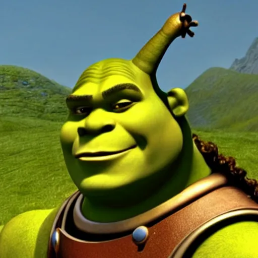 Image similar to shrek from shrek with long lush golden hair attractive muscular stylish knight in shining golden armor with long lush golden hair a strong jaw and attractive green eyes, 8 k resolution, pixar render, similar to the mona lisa, art by leonardo devinci and pixar