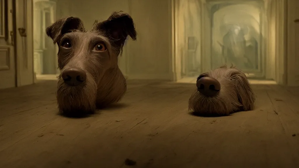 Image similar to the strange dog in the attic, made of wax and water, film still from the movie directed by Denis Villeneuve with art direction by Salvador Dalí, wide lens