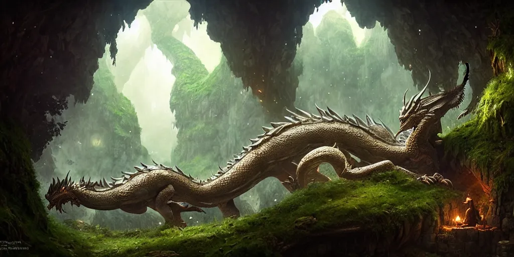 Image similar to Giant fantasy dragon resting in a cave, natural light, lush plants and flowers, elegant, intricate, fantasy, atmospheric lighting, by Greg Rutkowski