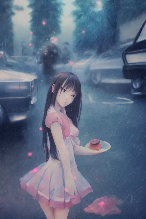 Image similar to art by D. Jun, by Mo Xiang Tong Xiu, Infrared Unreal Engine render, cute girls in Japanese maid's clothes and smoking inside a JDM car in the rain at night in a parking lot, anime vintage colors, polaroid, foggy, smoke, steam, parov, trending on artstation, volumetric light, cinematic render, ultra realistic, oil painting