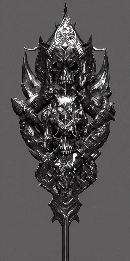 Image similar to a black and silver sword skull crest, ornament, weapon, a 3 d render by dom qwek, front side, concept art, trending on polycount, artstation, hard surface modeling, zbrush, hd, blizzard, symmetry