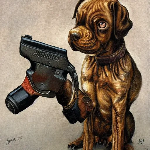 Image similar to a zombie puppy holding a gun. Painting by James Gurney