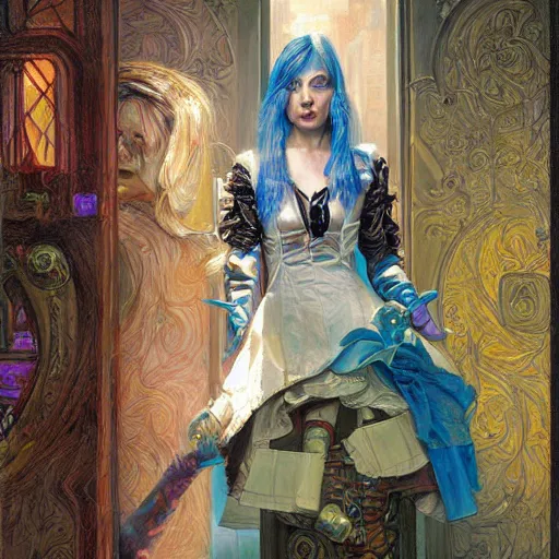 Prompt: portrait of a cyberpunk alice in wonderland, by donato giancola.