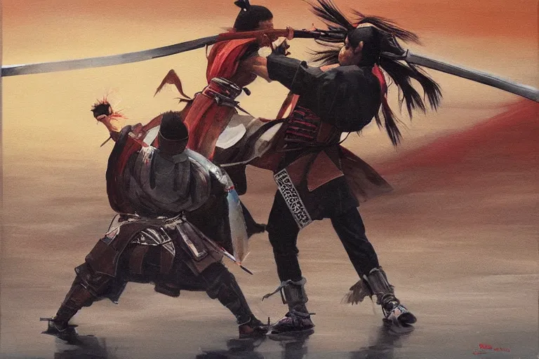 Prompt: epic and cinematographic samurai duel, a painting by mark zug and Daryl Mandryk,