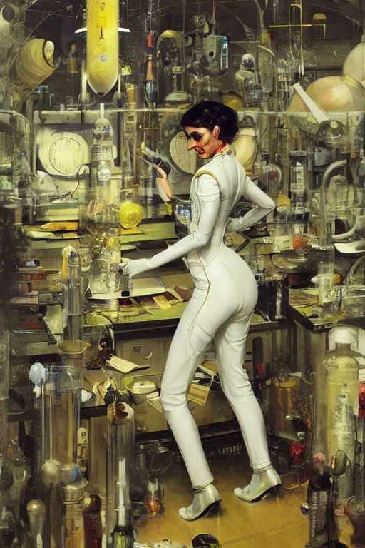 Image similar to pulp scifi fantasy illustration full body portrait of elegant woman wearing latex spacesuit in laboratory, by norman rockwell, jack kirby, bergey, craig mullins, ruan jia, jeremy mann, tom lovell