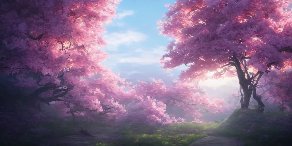 Image similar to a sakura tree, detailed oil painting, cinematic angle, hyperrealistic, breathtaking, volumetric lighting, dynamic, Studio Ghibli, digital art, octane render, epic composition, trending on artstation, masterpiece