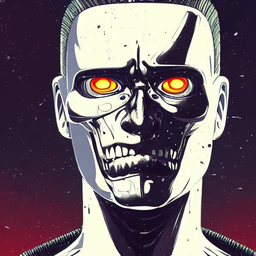 Image similar to James Cameron as the T-800 Terminator, the terminator robot looks exactly like James Cameron, ambient lighting, 4k, anime key visual, lois van baarle, ilya kuvshinov, rossdraws, artstation