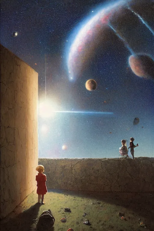 Image similar to a 1 2 year old boy and 1 0 year old girl looking at a wall and viewing the universe full of galaxies, part by norman rockwell, part by greg rutkowski, part by mattias adolfsson, high angle, ( ( ( ( volumetric lighting ) ) ) ), oil on canvas