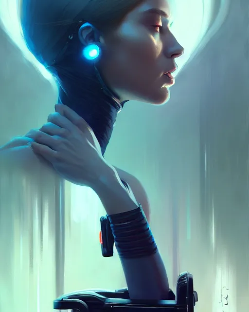 Prompt: masterpiece concept art, a beautiful highly detailed sci - fi lady on wheelchair, artist on 2 2 nd century, cinematic moody colors, realistic shaded lighting poster by ilya kuvshinov, magali villeneuve, artgerm, jeremy lipkin and michael garmash and rob rey,