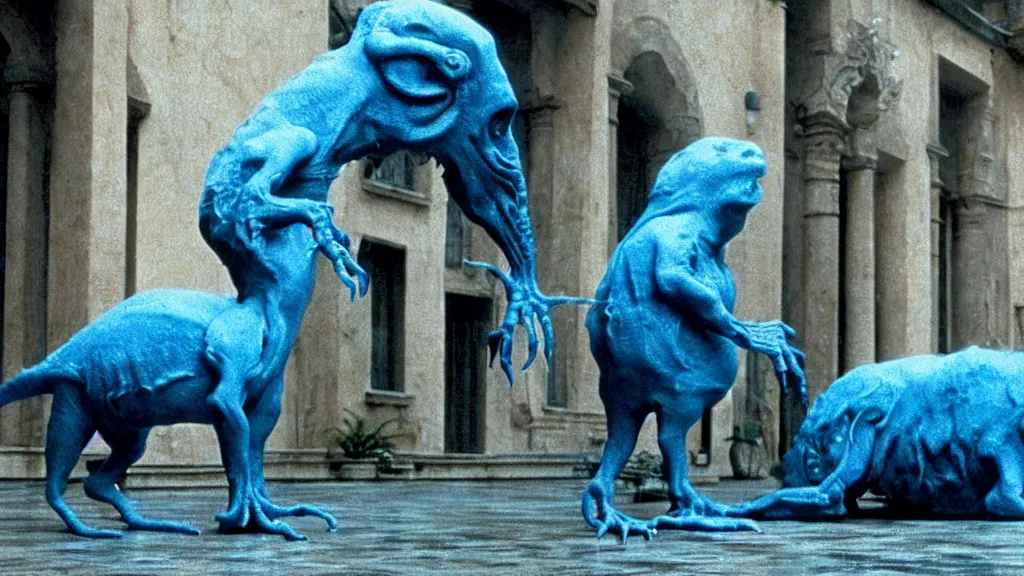 Image similar to the square creature in courtyard, made of blue liquid, surrounded by animals, film still from the movie directed by denis villeneuve and david cronenberg with art direction by salvador dali and zdzisław beksinski, wide lens