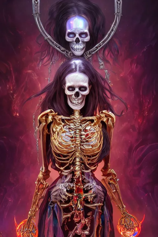 Image similar to woman lich skeleton made of iridescent aether and shiny gems covered with blood, long red hair, golden necklace, ultra realistic, concept art, intricate details, highly detailed, photorealistic, octane render, 8 k, unreal engine. dnd art by artgerm and greg rutkowski and alphonse mucha