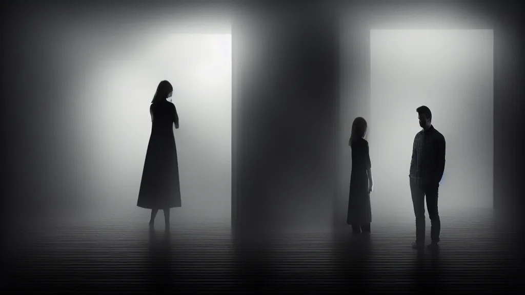 Prompt: portrait of a woman and a man standing on the threshold of a wooden house, fog, volumetric lighting, mystique, atmospheric, sharp focus, ultra detailed, noir art house, 4 k, 3 5 mm