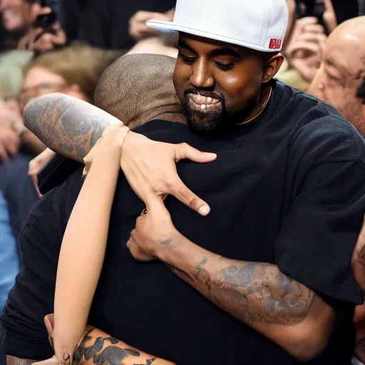 Prompt: kanye west hugging pete davidson, making up, friendly vibes