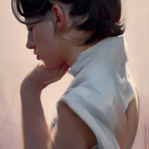 Image similar to greg manchess portrait painting of yorha type a no. 2 from behind, organic painting, sunny day, matte painting, bold shapes, hard edges, street art, trending on artstation, by huang guangjian and gil elvgren and sachin teng