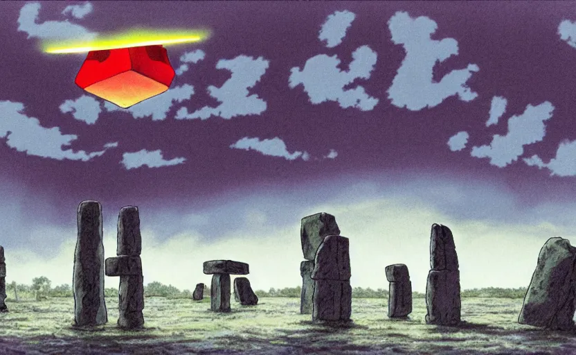 Image similar to a realistic cell - shaded studio ghibli concept art from paprika ( 2 0 0 6 ) of a flying multi - colored cube from close encounters of the third kind ( 1 9 7 7 ) and a grey long - haired witch in a flooded stonehenge on a misty starry night. very dull colors, wide shot, hd, 4 k, hq