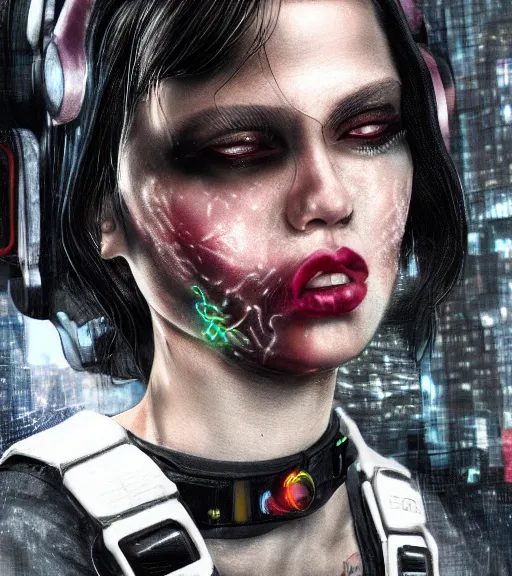 Image similar to detailed realistic female character cyberpunk wearing thick technological collar around neck, realistic, art, beautiful, 4K, collar, choker, collar around neck, punk, artstation, detailed, female, woman, choker, cyberpunk, neon, punk, collar, choker, collar around neck, thick collar, tight around neck, punk,