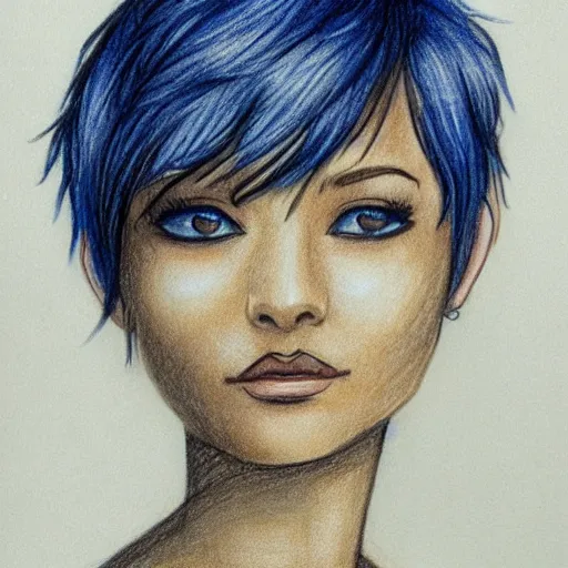 Prompt: drawing of a beautiful woman with short blue hair, big brown eyes