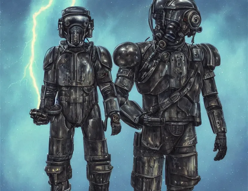 Image similar to a detailed portrait painting of a lone bounty hunter wearing combat armour and a reflective visor. Head and chest only. Dieselpunk elements. Movie scene, cinematic sci-fi scene. Flight suit, cloth and metal, accurate anatomy. Brutalist, dystopian. portrait symmetrical and science fiction theme with lightning, aurora lighting. clouds and stars. Atmospheric. Futurism by moebius beksinski carl spitzweg moebius and tuomas korpi. baroque elements. baroque element. intricate artwork by caravaggio. Oil painting. Trending on artstation. 8k