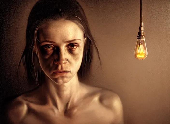 Image similar to photo, young female meth cook, illegal basement meth lab, edison lights, stefan kostic and david cronenberg, realistic, sharp focus, 8 k high definition, intricate, chiaroscuro, elegant, perfect faces, symmetrical face, extremely detailed, hypnotic eyes, realistic, fantasy art, masterpiece zdzislaw beksinski, artgerm