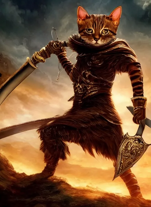 Image similar to a humanoid cat with a sword in elden ring, gameplay, boss fight, 8k, hd