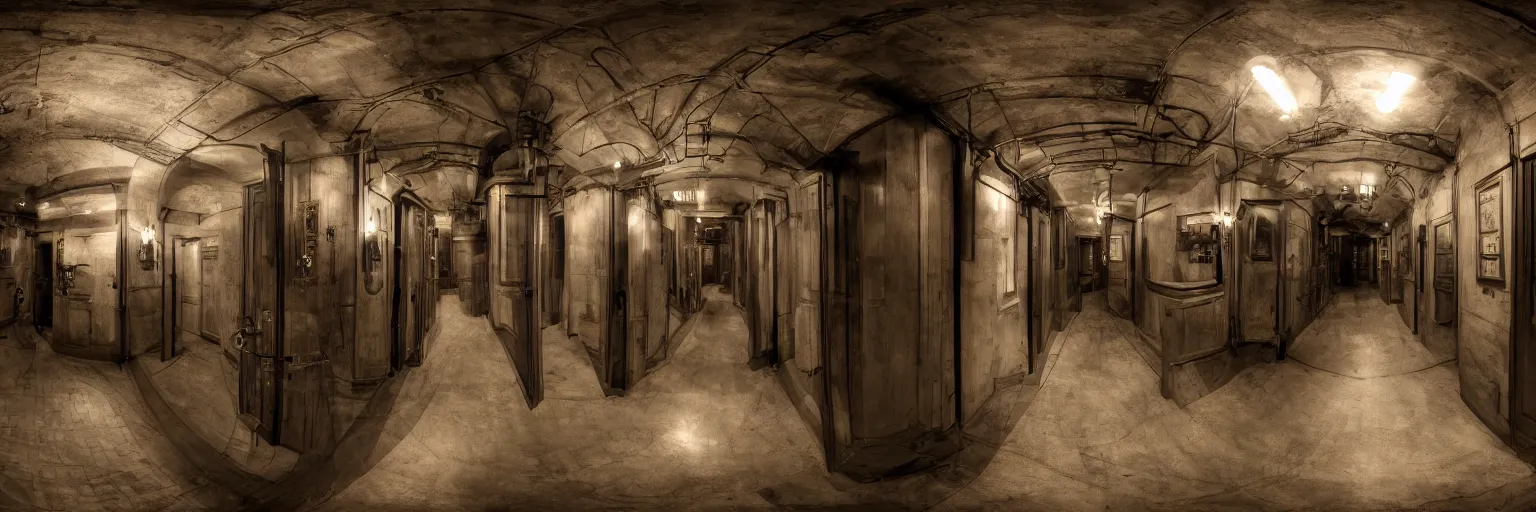 Prompt: dimly lit, theatre access corridor background, 3 doors, fish eye, steampunk