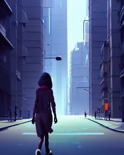 Image similar to a woman walking down a street next to tall buildings, cyberpunk art by goro fujita, cgsociety, photorealism, speedpainting, artstation hq, artstation hd