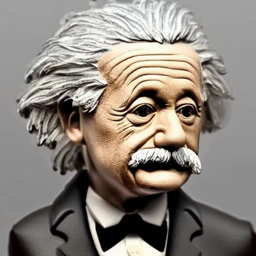 Image similar to ultra realistic and intricate detailed photograph of mini Albert Einstein toy in a tuxedo, innovation, bright modern style, artstation, unreal render, depth of field, ambient lighting, award winning, stunning