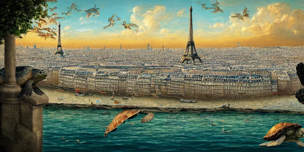 Image similar to master piece stunning digital painting of a parisian small city contained on the top of a giant sea turtle